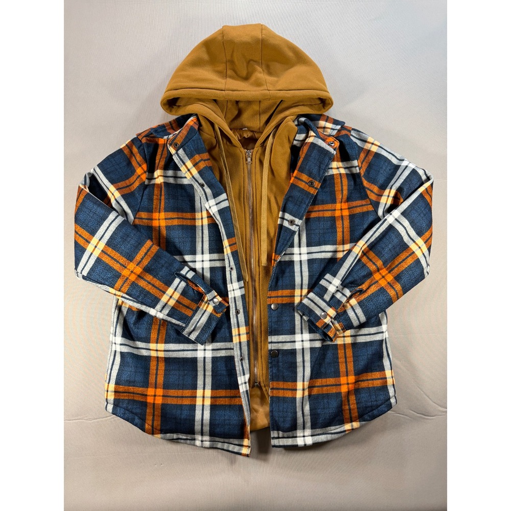 Unbranded Plaid Quilted Flannel Shirt Jacket with Hood Blue Orange Large